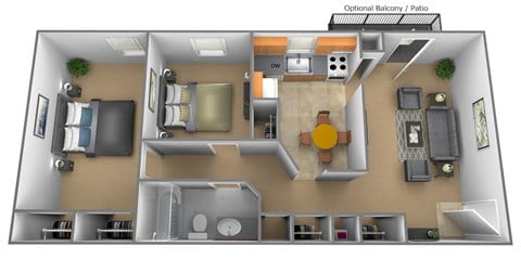 Floor plan for 2 beds, 1 bath, 967 sqft